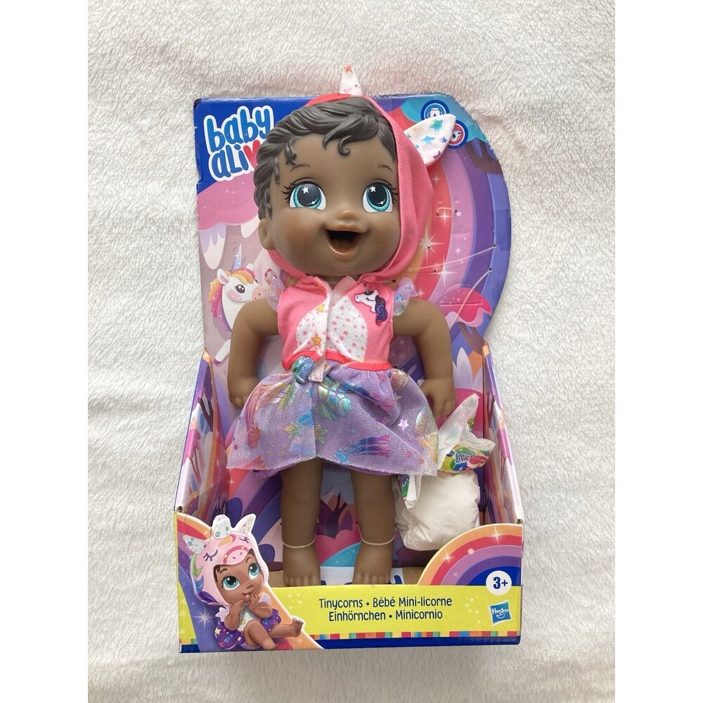 Baby Alive Tinycorns Doll Unicorn Accessories Drinks Wets Black Hair Toy